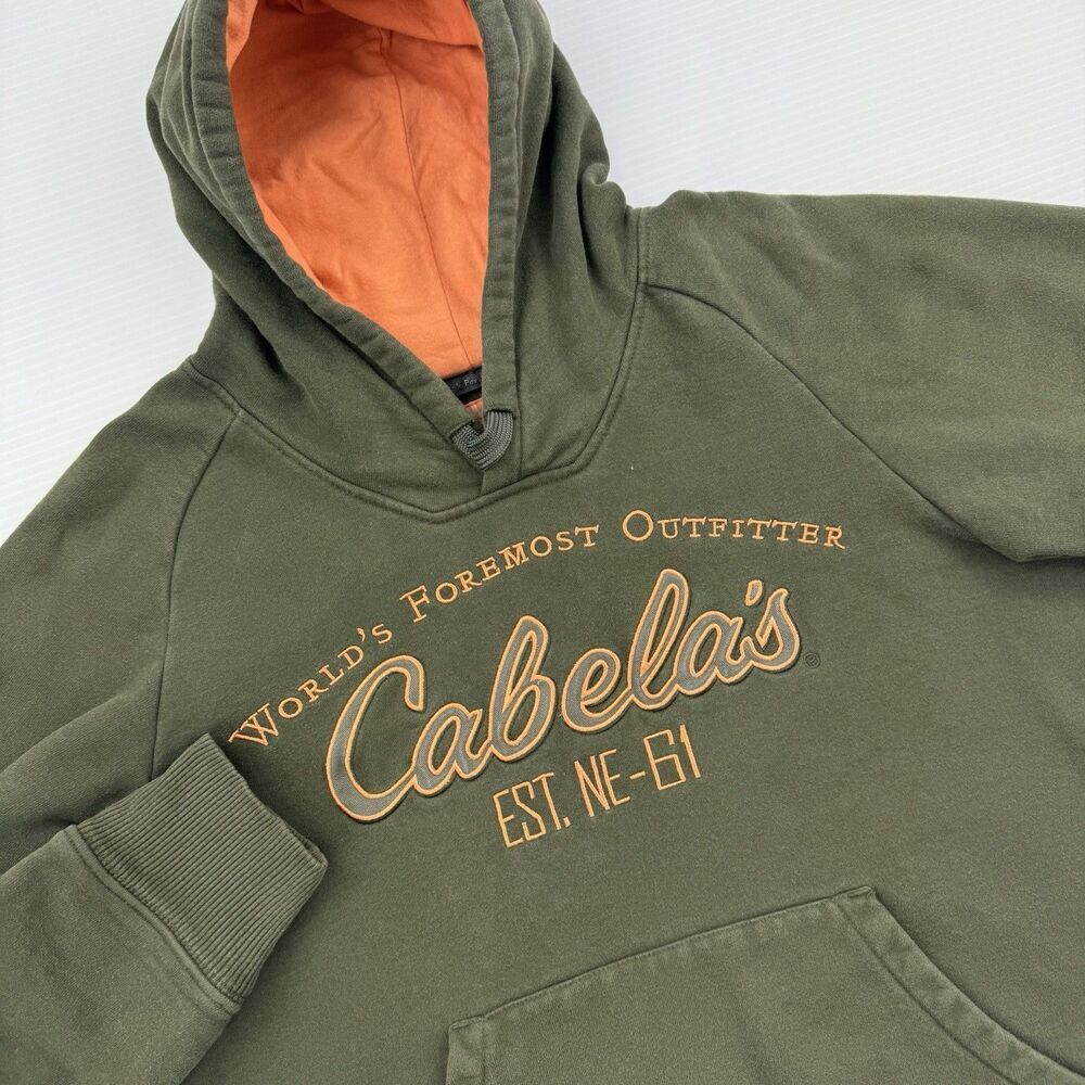 Cabela’s Worlds Foremost Outfitter Hoodie Women’s Large Green Orange Hood Lining